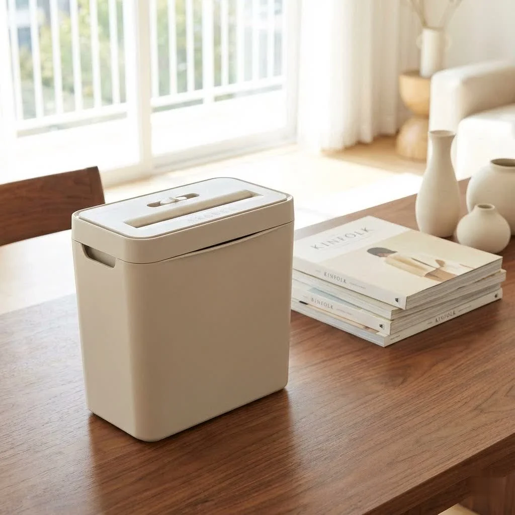 Mini paper shredder on a desk with shredded paper