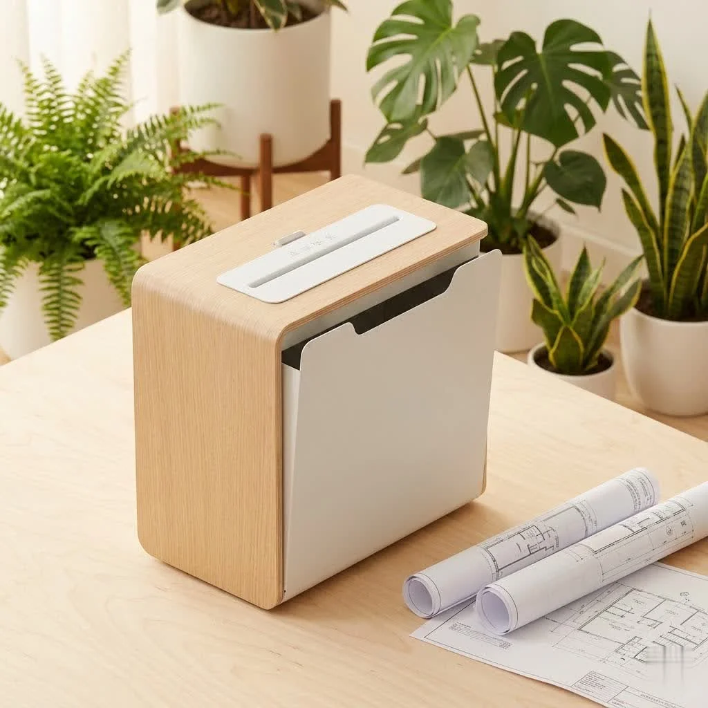 Quiet paper shredder operating silently in a modern office