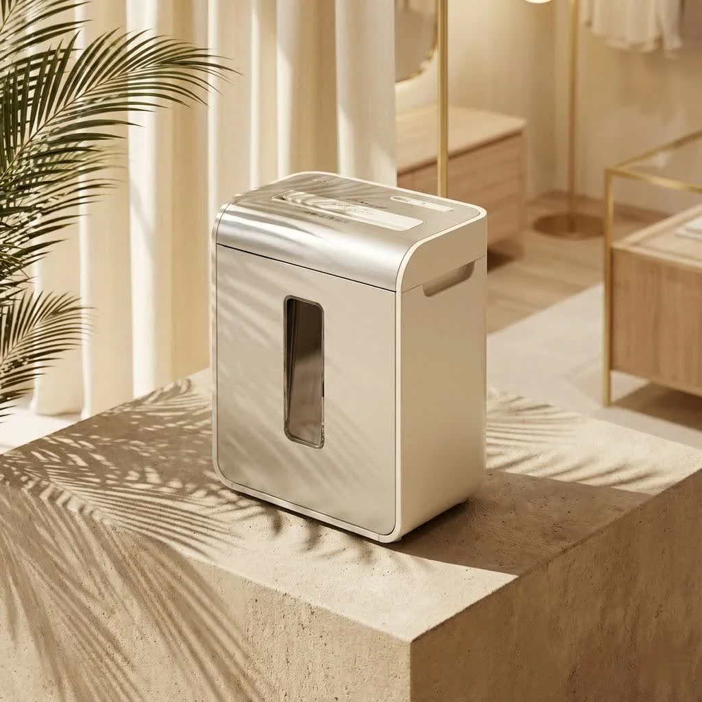Close-up of a paper shredder actively shredding documents