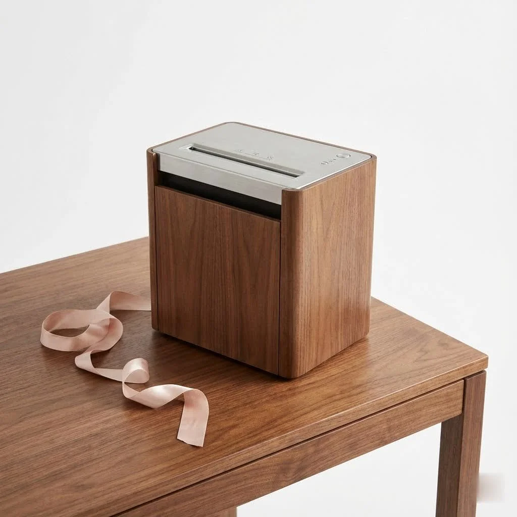 Close-up of a paper shredder actively shredding documents into small pieces