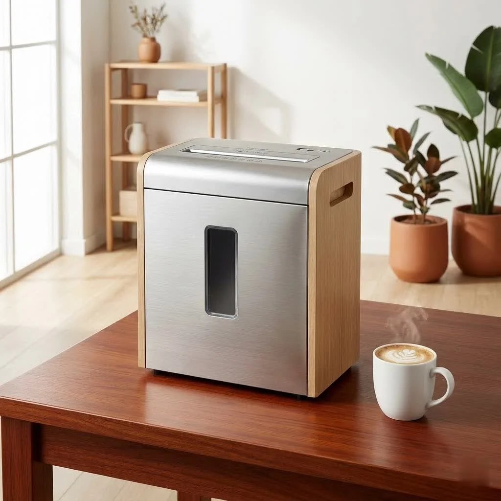 A 12-sheet paper shredder in a home office setting